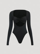 1pc Women's Solid Color Long Sleeve Sexy Cutout Twist Bodysuit, Autumn